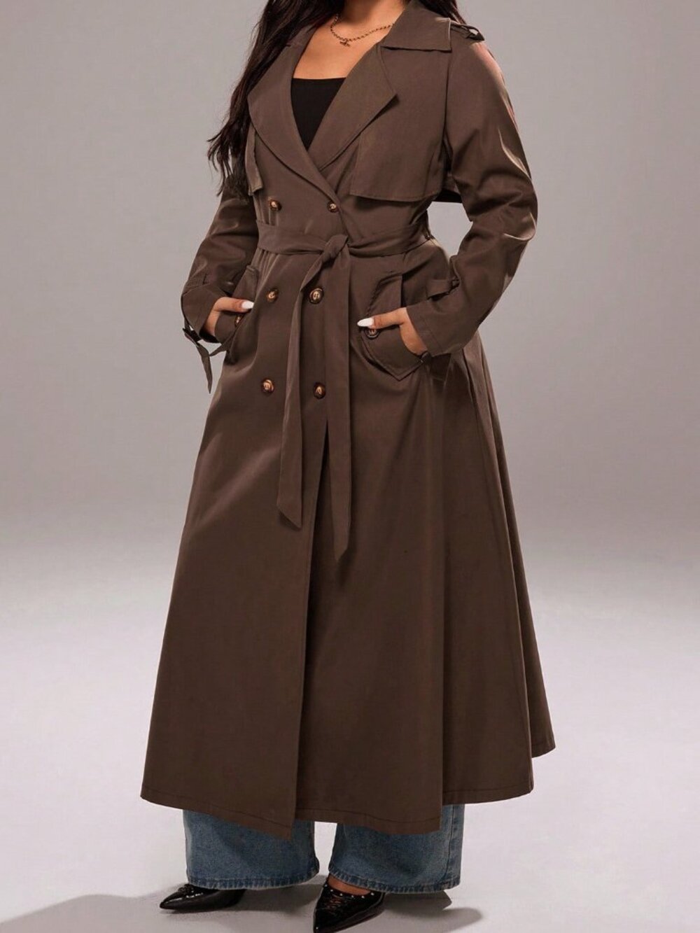 Coffee Brown Elegant Women's Plus Size Double-Breasted Long Casual Trench Coat